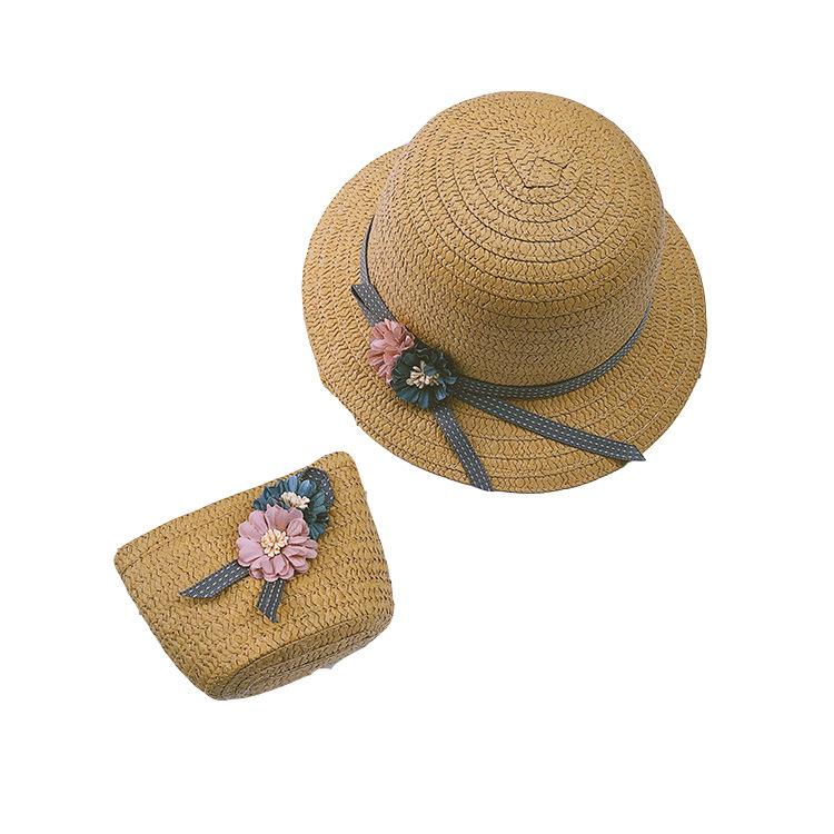 Cute Bowknot Flower Kids Straw Hat + Straw Crossbody Bag Set Baby Outdoor Sun Hat Summer Beach Straw Cap Straw Rattan Bag
