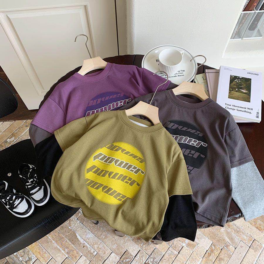 Boys' 2025 Spring New Stylish Two-Piece Look T-Shirt - Korean Letter Print Pullover