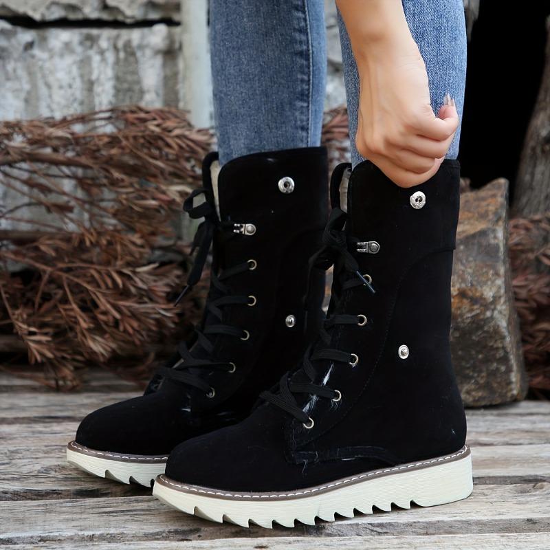 Women's Fleece-Lined Winter Boots with Plush Collar - Lace-Up Round Toe Flat Sole Ankle Bootie
