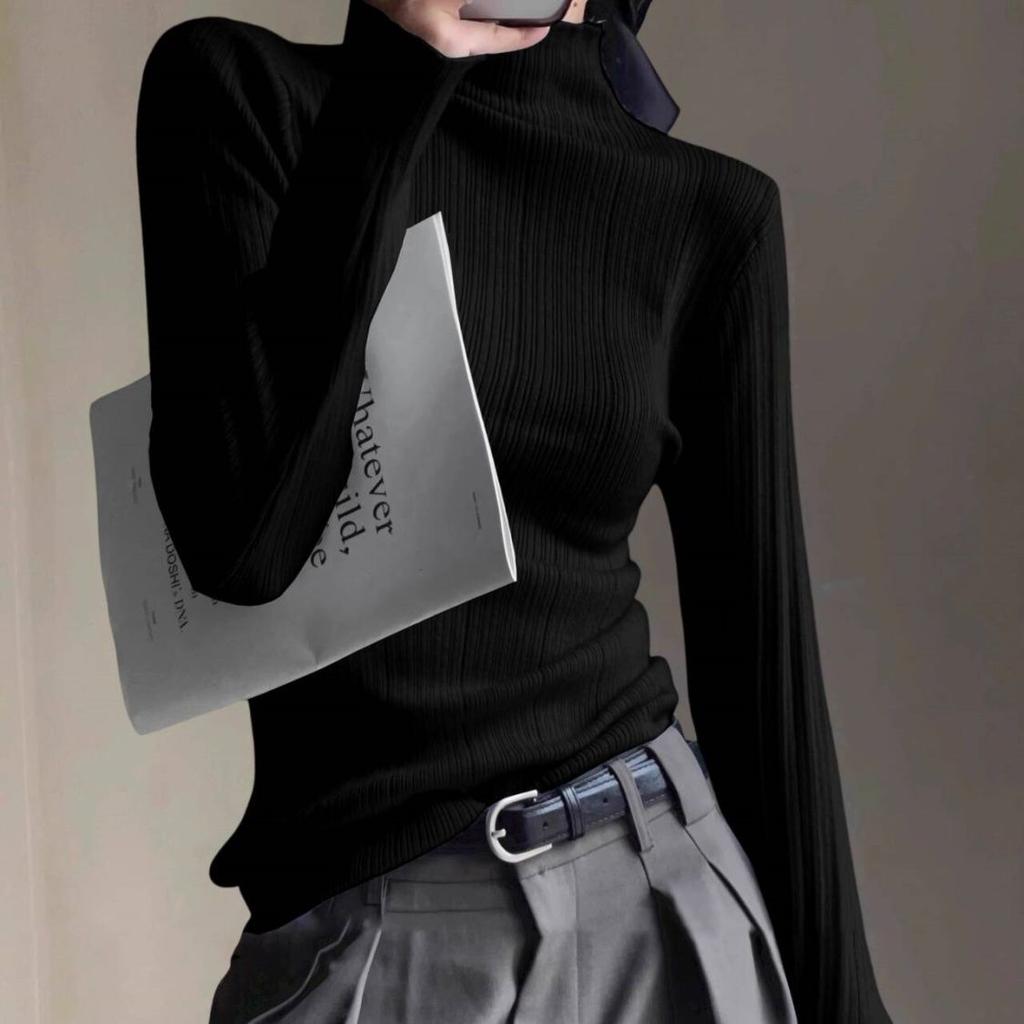 Women's Blue Turtleneck Knitted Base Layer Autumn Winter High-End Slim Fit Sweater Top