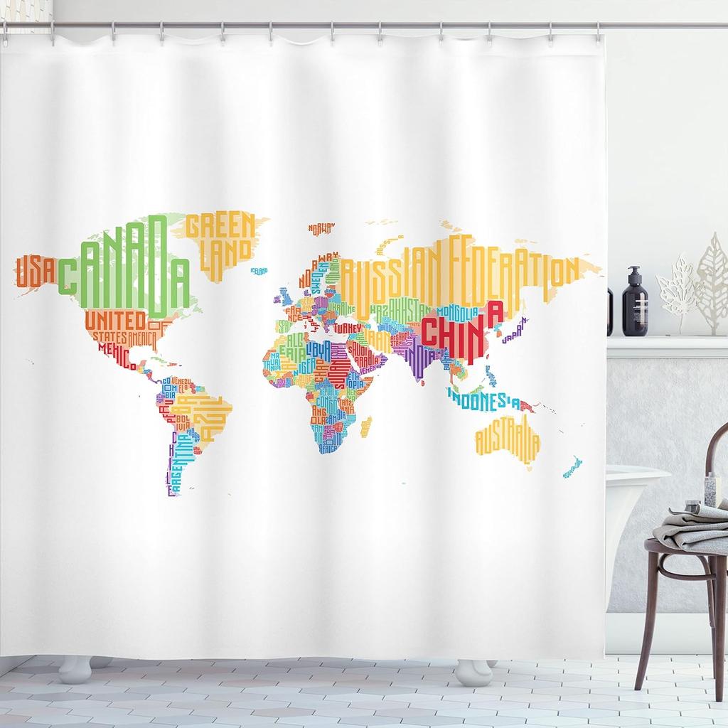 Tenda da Doccia Mappa del Mondo con Ganci – Stampa Colorata dei Paesi, Arte di Viaggio Globale in Rosso Arancio, Decorazione Educativa per il Bagno