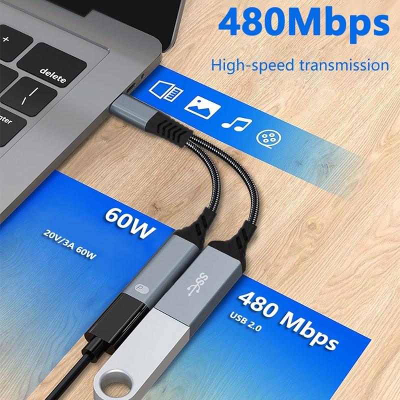 USB C To USB 2.0 OTG Adapter with PD60W Charging Port and Fast Data Transfer for Type C Devices