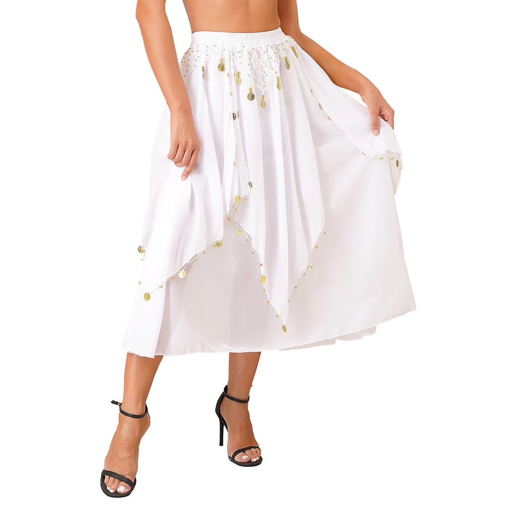 Ladies Sequin Beaded Belly Dance Skirt Chiffon Fabric Elastic Waistband Performance Costume Practice Dancewear