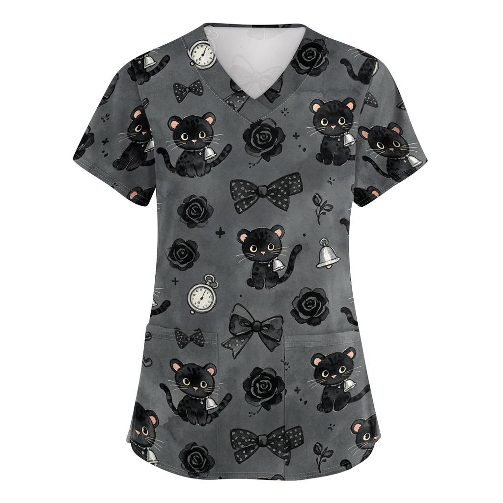 Women's V Neck Short Sleeve Work Top with Pockets Animal Print Medical Scrub Shirt for Healthcare Professionals Comfortable Fit Durable Fabric