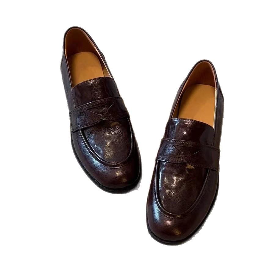 Cowhide~ Retro French Small Leather Shoes One-pedal Thick Heel Flat-soled Single Shoes British Style Commuting Platform Loafers Women