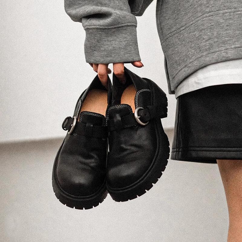 Cowhide version~ British style retro leather single shoes belt buckle muffin bottom loafers women's thick-soled thick-heeled small leather shoes