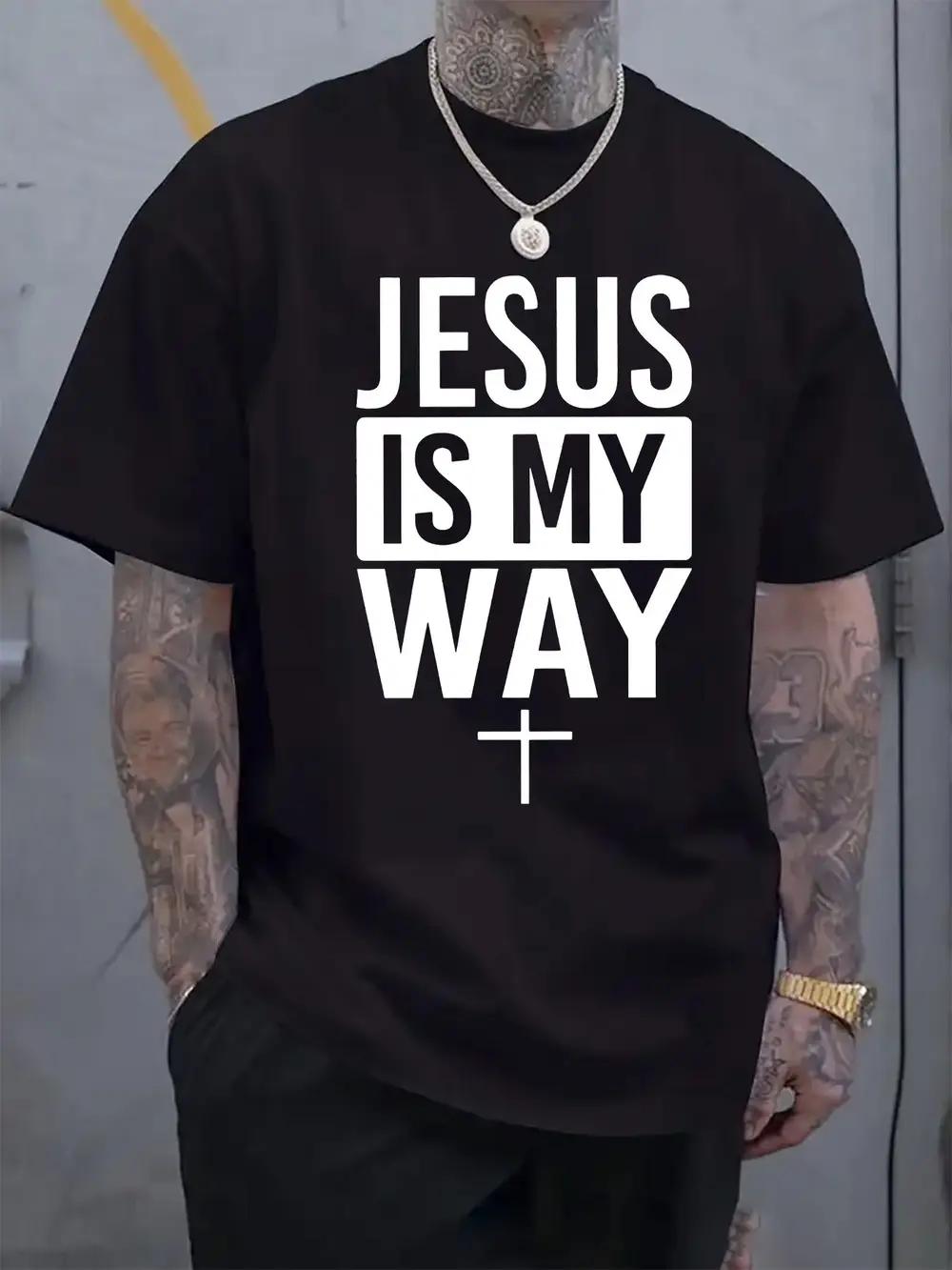 

Christian Faith Slogan T-shirt - Jesus Is My Way Bold Print Black Casual Short Sleeve Tee L