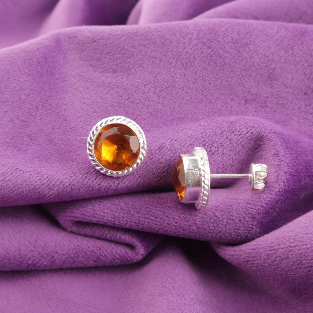 Round Citrine Gemstone 925 Silver Trendy Art Deco New Stud Post Earrings Jewelry EE-147-14
