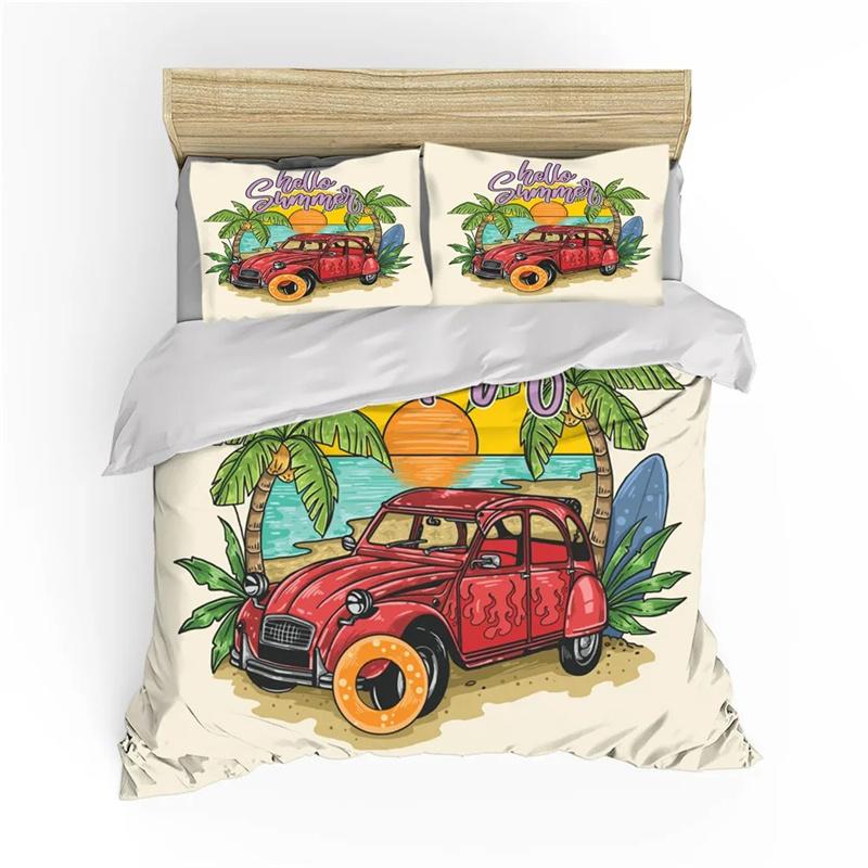 Surf Duvet Cover Hippie Classic Old Bus Surfboard Freedom Holiday Exotic Life Sketchy Art Yellow Orange Room Decor for Women Men