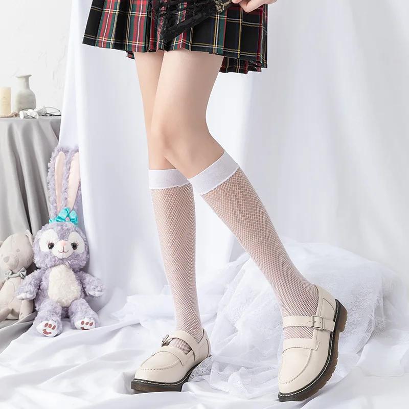 Sexy Mesh Women Stockings Gothic Fishnet Summer Women Tights Underwear JK Lolita Girls Solid Color Knee High Long Socks Lingerie