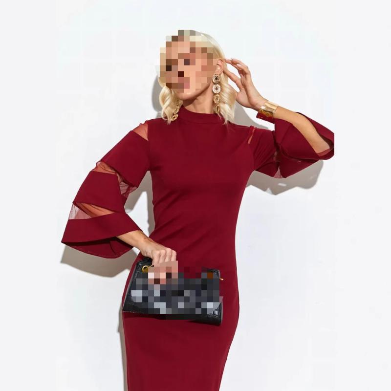 

Европейское и американское женское однотонное платье с круглым вырезом и рукавами-клеш, облегающее бедра L красный