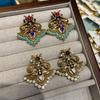 Russian Gold New Chinese Style Guochao Enamel Color Diamond Inlaid Retro Relief Totem Earrings Glazed Turquoise Earrings Douyin