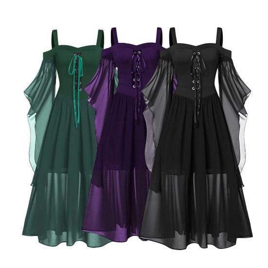 Halloween Maxi Dress Women Renaissance Vintage Off Shoulder Chiffon Long Dress Square Neck A-line Silhouette Strappy Costume for Festive Occasions