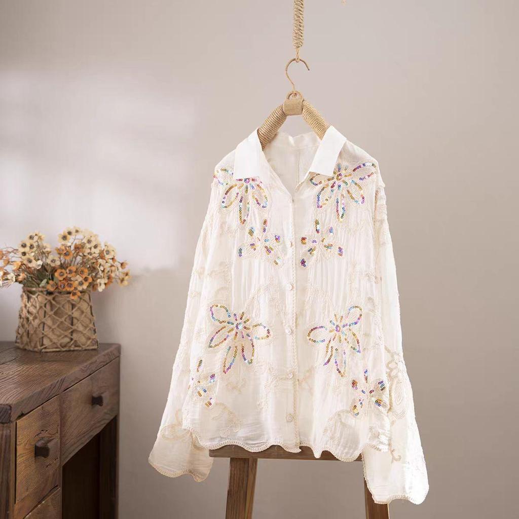 Haut Crochet Brodé Ethnique pour Femme - Polyvalent à Manches Longues avec Détails Floraux à Sequins
