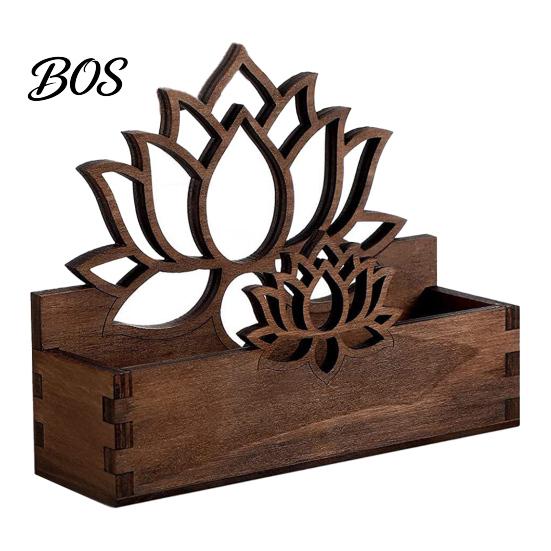 Accessoire de bureau Support pour cartes de visite Lotus en bois, Porte-nom creusé vintage à une main pour bureau, Organiseur rustique Zen