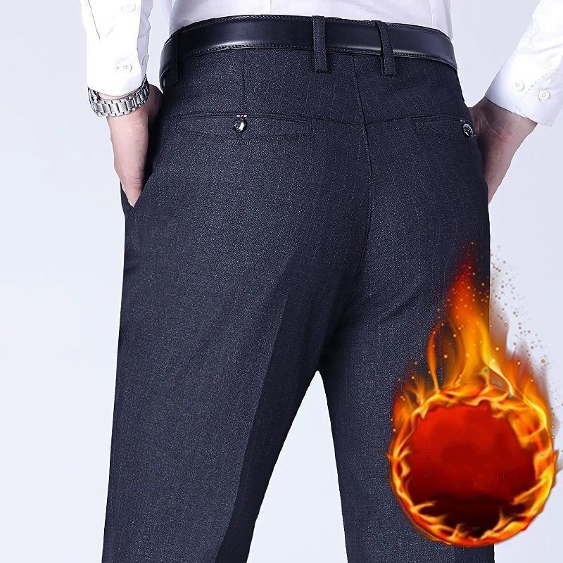 Autumn Winter Men Suit Pants Straight Thick Plush Loose Solid Color Soft Pockets Mid Waist Zipper Button Closure Formal Business Style Warm