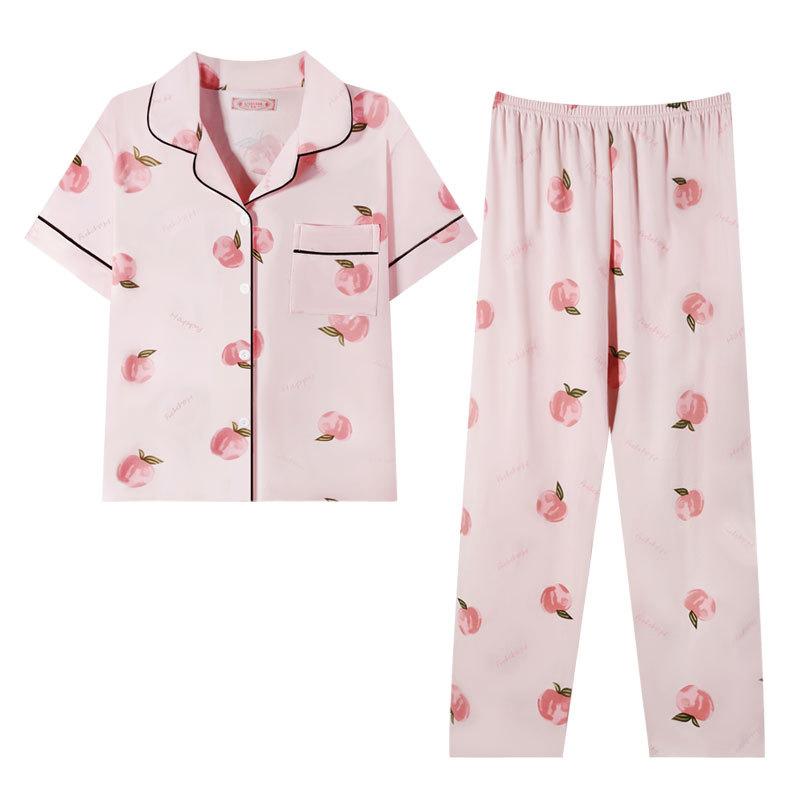 Pajamas Women'S Sweet Pink Short-Sleeved Trousers Casual And Comfortable Summer Cardigan Loungewear Can Be Worn Outside
