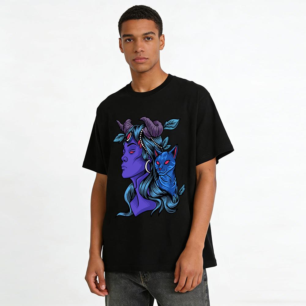 Horned Elf & Blue Flame Cat Graphic Cool Casual Top Pure cotton T-shirt