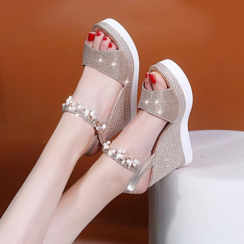 Platform Sandals Summer Fashoin Wedge Bead Buckle Strap Peep Toe high heel Thick Bottom Casual Shoes Non-slip Sandalias De Mujer