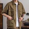 Men Summer Shirt Solid Color Multiple Pockets Lapel Single-breasted Cardigan Keep Trendy Casual Breathable Men Shirt for Work
