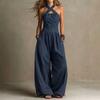 Women's Halter Sleeveless High Waist Loose Wide Leg Jumpsuit Solid Striped Casual Long Pant Romper For Vacation Daily Wear