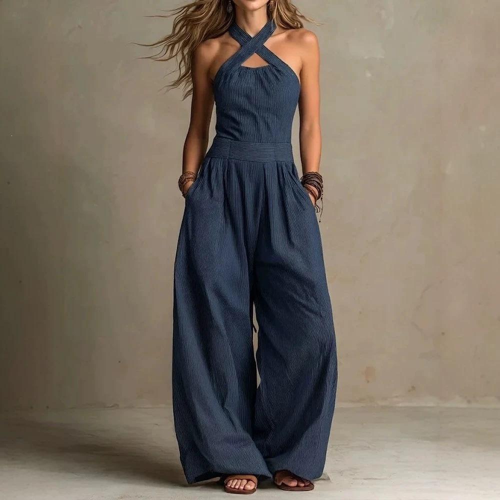 Women's Halter Sleeveless High Waist Loose Wide Leg Jumpsuit Solid Striped Casual Long Pant Romper For Vacation Daily Wear