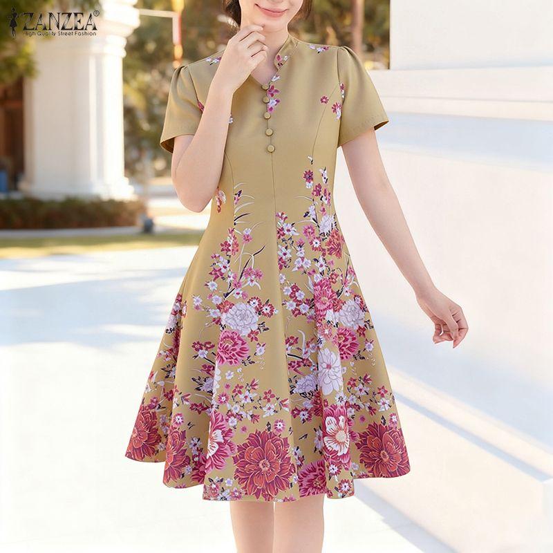 ZANZEA Women Casual V-Neck Short Sleeve Summer Floral Print Dress