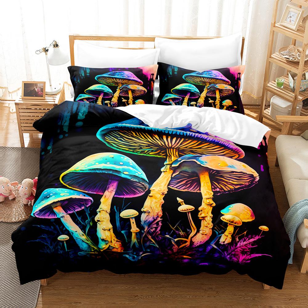 3D Digital Printing Fluorescent Mushroom Series Three-Piece Bedding