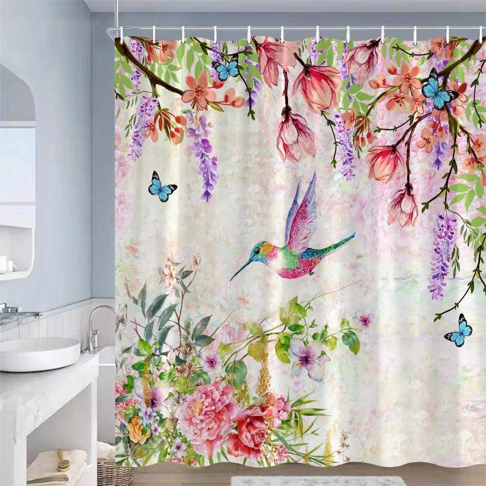 Butterfly Flowers Shower Curtains Pink Purple Blue Watercolour Floral Plants Vintage Art Modern Fabric Bathroom Decor with Hooks