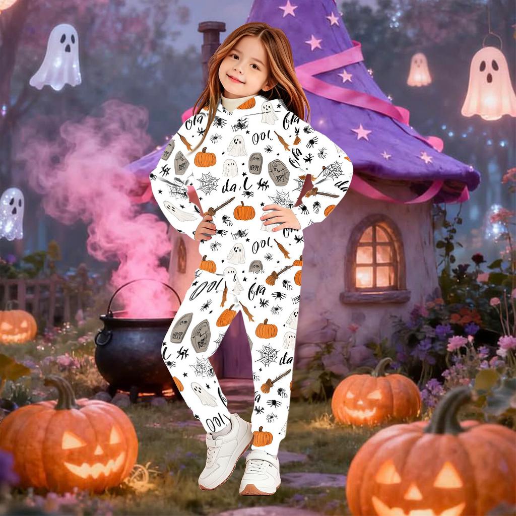 Kids Hooded Halloween Print Outfit Set with Pockets for Costume Party