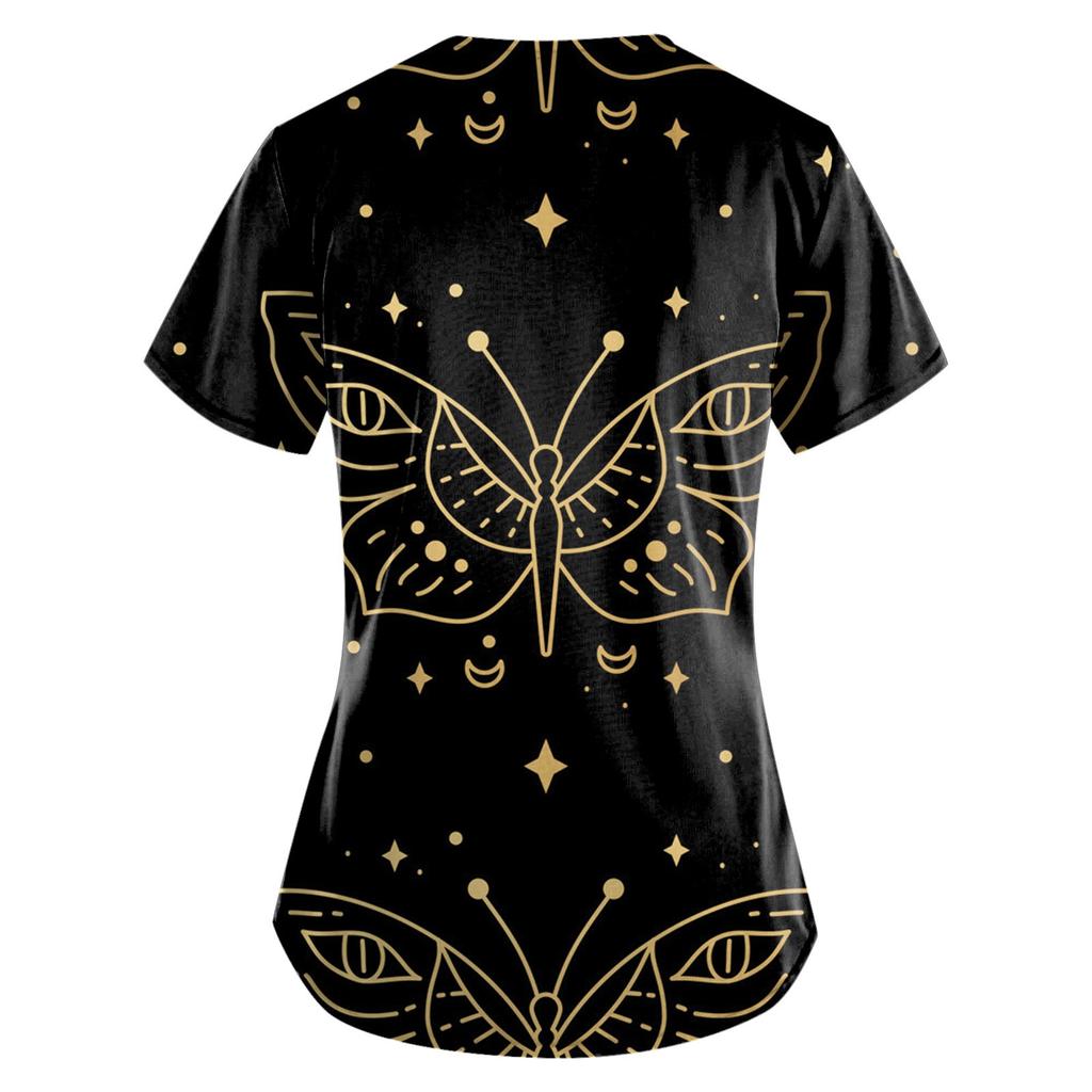 Women Fashion Spring And Summer Oil Painting Print V-neck Short Sleeve Workwear With Pockets Tops