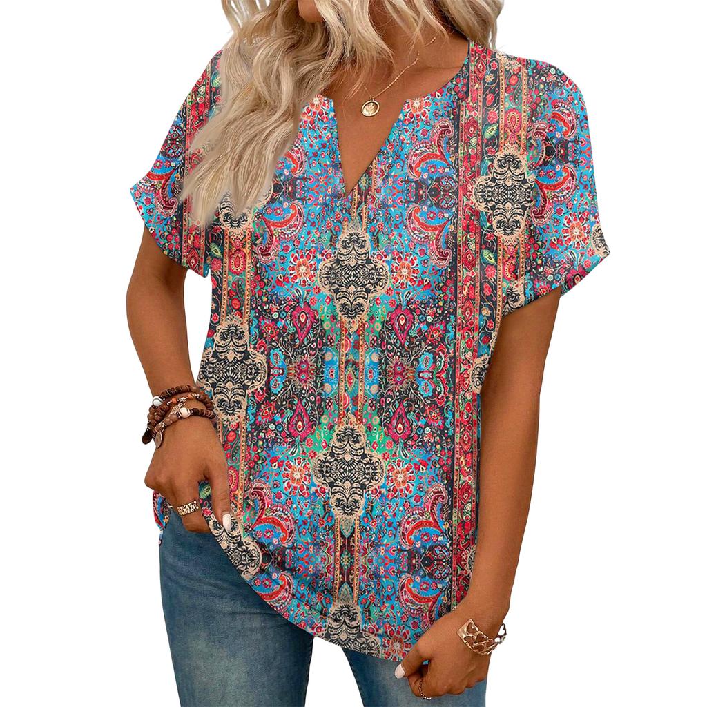 Stylish Women's Casual V-neck Short-sleeved Retro Print T-shirt