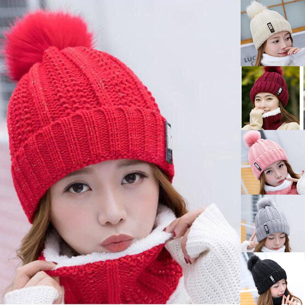  Women Ladies Warm Winter Hairball Plus Velvet  Knitted  Cap+Scarf 