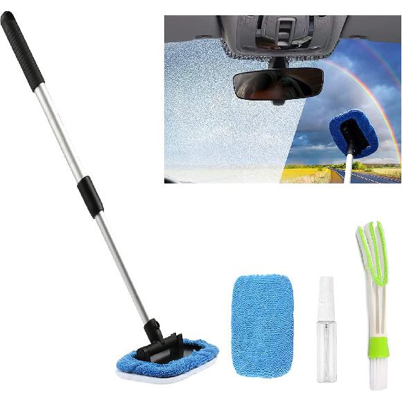 ASAHEL Car Windshield Cleaning Tool Ide Window Cleaner Defogger Brush Kit Microfiber Cloth With Extendable Handle Auto Glass