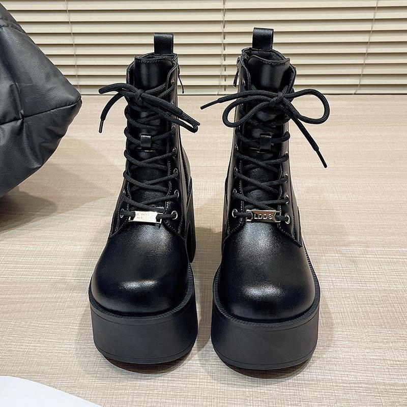 Fashion 12.5CM High Chunky Boots Fashion Lace-Up Thick-Heeled Thick-Soled Motorcycle Boots Waterproof Platform Side Zipper Women's Shoes