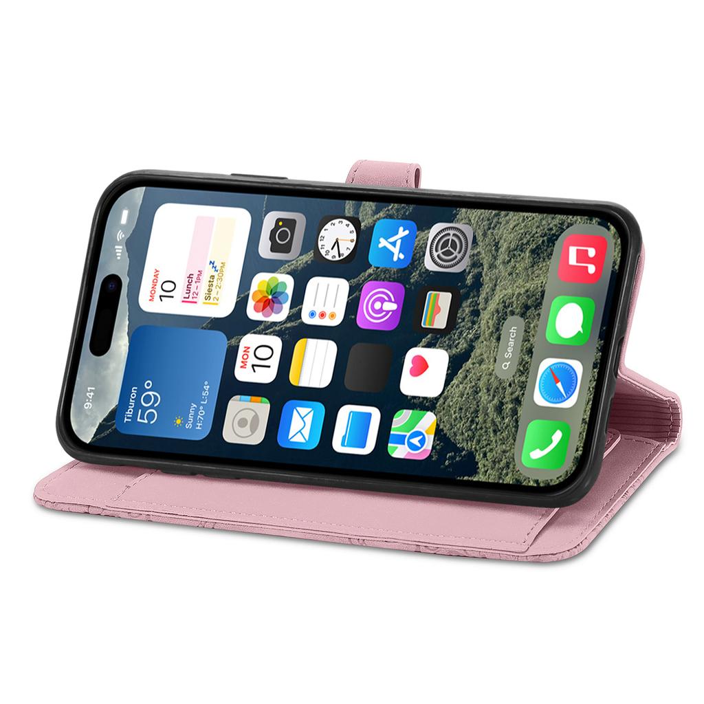 Für iPhone 16 Reißverschluss-Brieftasche Hülle mit Riemen Blumenprägung PU-Leder Handyhülle