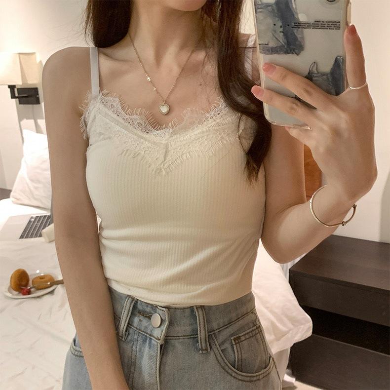 #Early autumn new sexy polished V-neck lace splicing thermal sling vest slim and thin women's top