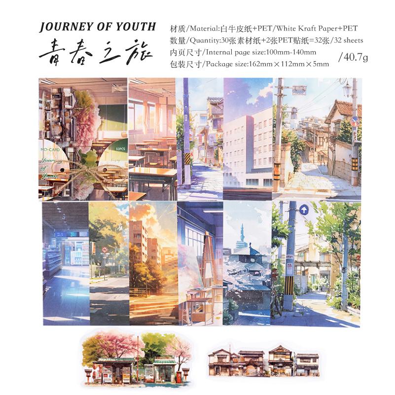 32pcs Japanese landscape PET+paper die-cutting stickers DIY collage stickers cutting materials handmade diary album