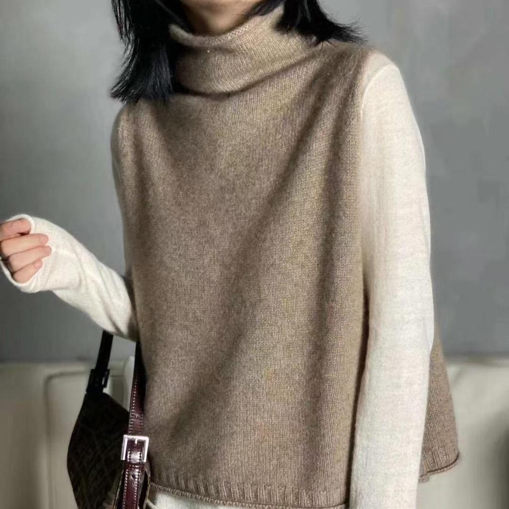 Plus Size Women's Wool Vest - Korean Style High-Neck Knitted Sweater
