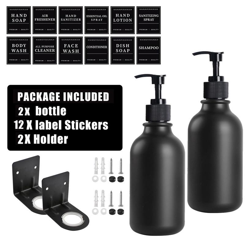 500ml Matte Black Lotion Bottle Plastic Refillable Bottle with Labels Wall-mounted Lotion Bottle Holder Shampoo Conditioner