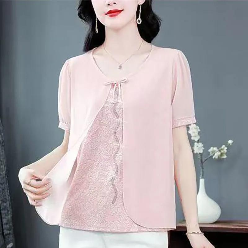 Women's Pink Short Sleeve Blouse Ruffled Tie Front Chiffon Loose Casual Daily Elegant Office Top