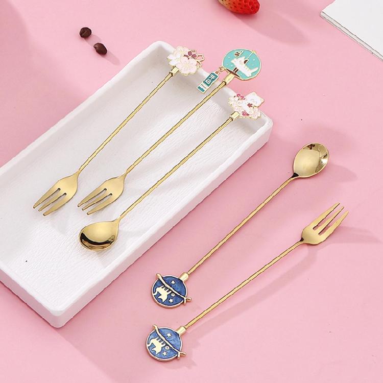 4Pcs Stainless Steel Dessert Spoon Fork Long Handle Coffee Stirring Spoons Cats Teaspoon for Dessert Milkshakes Salad