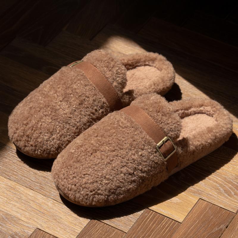 New simple belt buckle versatile slippers autumn and winter couples home velvet warm non-slip cotton slippers