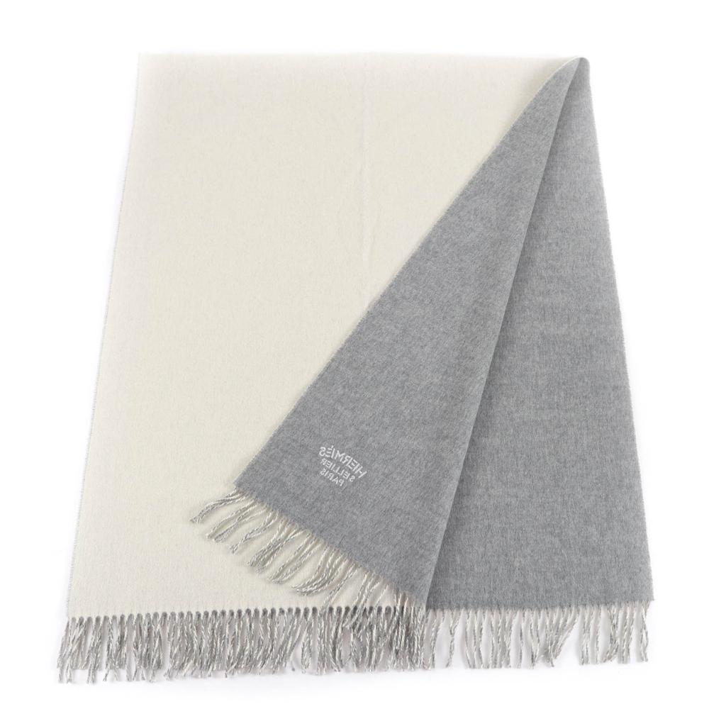 Excellent HERMES Scarf Large double-faced fringed with Serie embroidery cashmere Used