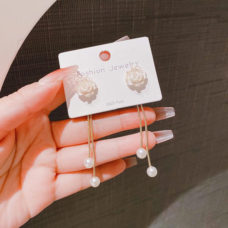 Silver Needle White Camellia Tassel Earrings Women's Niche Design Pearl Pendant Premium Light Luxury Temperament Earrings