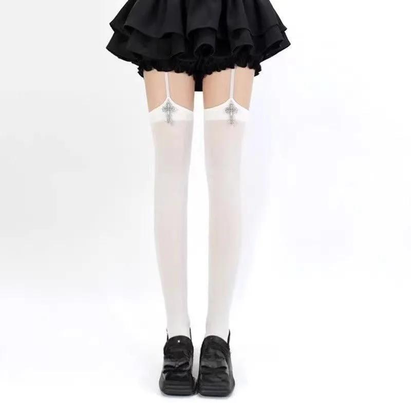 Personality Cross Decoration Women Suspender Socks Solid Color Thin Thigh High Lolita Anime Cosplay Gothic Over Knee Stockings