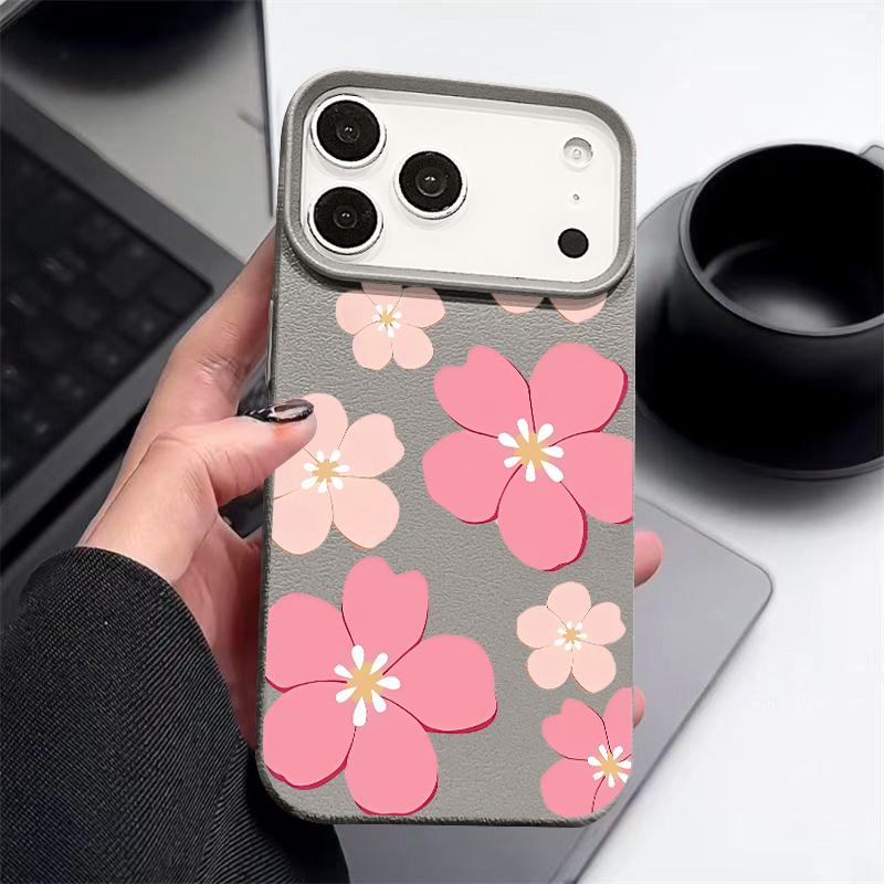 Fresh Style Cherry Blossom Pattern Case For iPhone 17 Pro Max Leather Texture Soft Silicone Cover For iPhone 16 15 14 13 Pro 12 11 16E Air