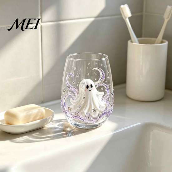 Fall Entertaining Essentials Halloween Glass Tumbler, Embossed Pumpkin Ghost Cat Bat Drinking Glass, Engraved Seasonal Drinkware Spooky Stemless