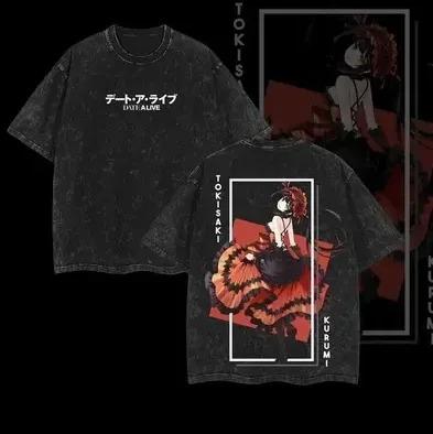 

\Date A Live Kurumi Tokisaki Dual-Sided Vintage Acid Washed Graphic T-Shirt Gothic Clock Anime Oversized Black Unisex Streetwear T-shirt XXXL
