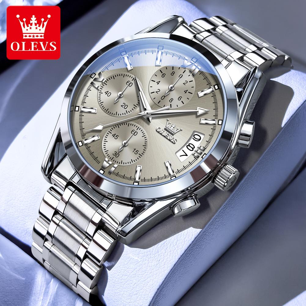 OLEVS Men Watches Casual Fashion Solid Stainless Steel Strap Original Quartz Watch for Man Waterproof Luminous Date Chronograph